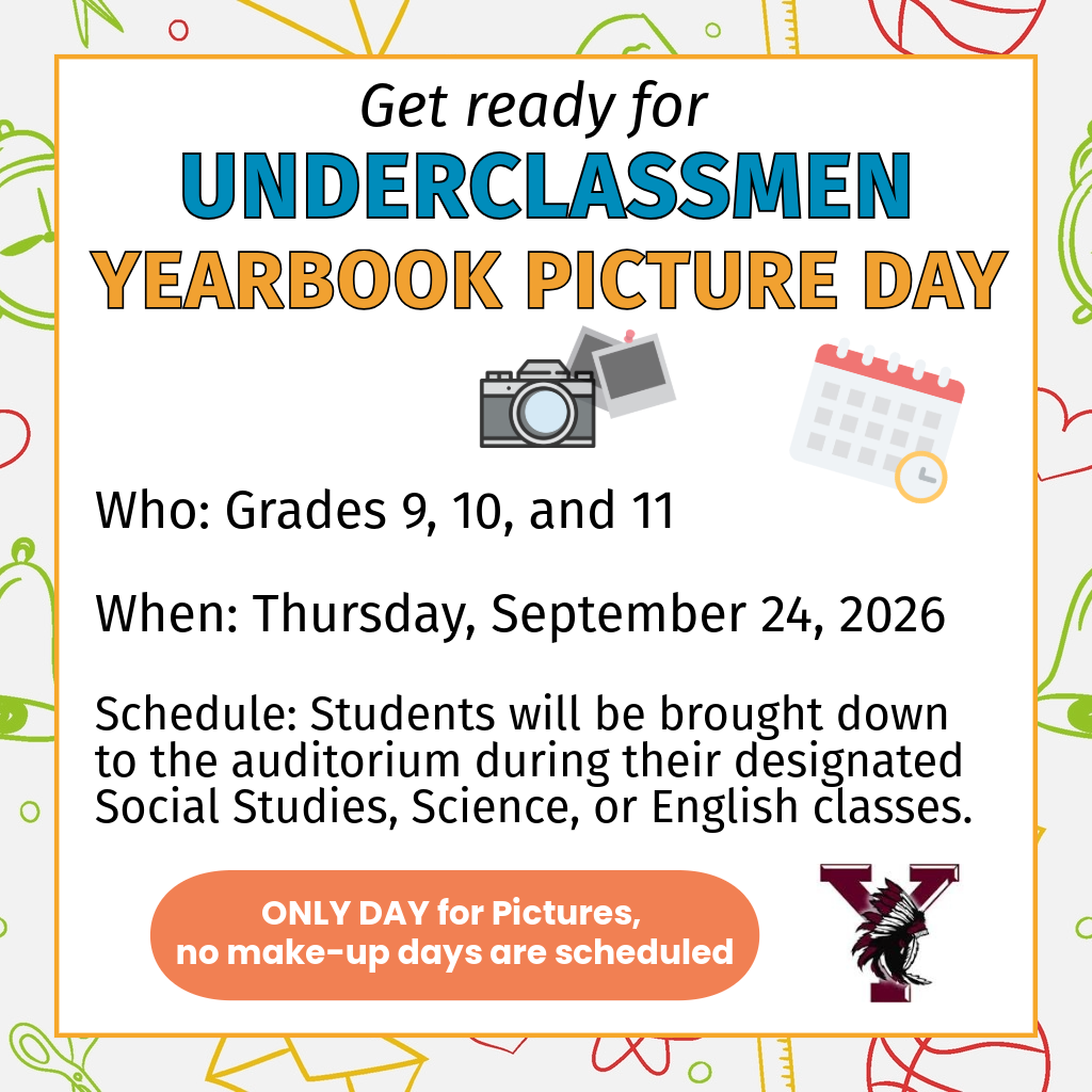 Yearbook picture day for 9 10 11 grades on September 24