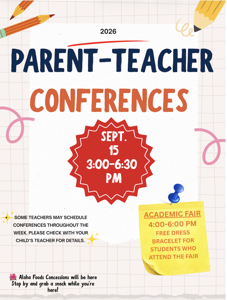 Flyer for 2026 Parent-Teacher Conferences on Sept 15 from 3:00–6:30 PM. Includes details about an Academic Fair (4:00–6:00 PM) where attending students earn a Free Dress Bracelet, plus Aloha Foods Concessions on site.
