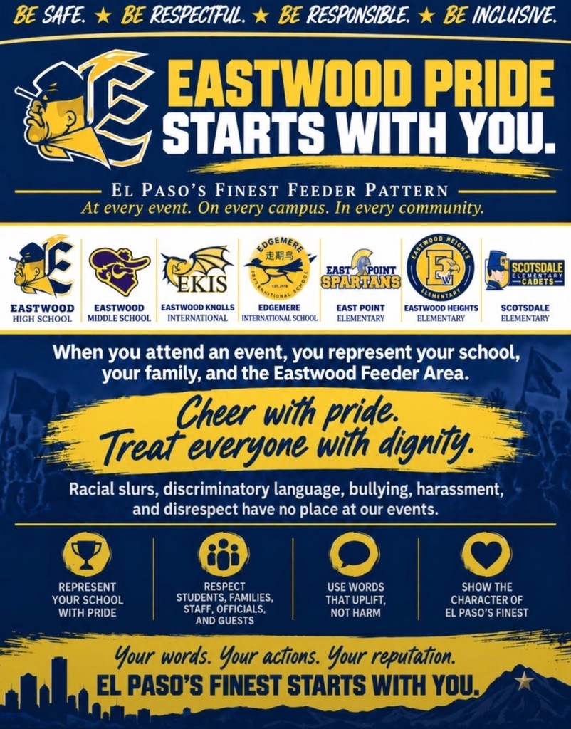 Infographic titled "Eastwood Pride Starts With You," featuring school logos and core expectations for respectful spectator behavior.