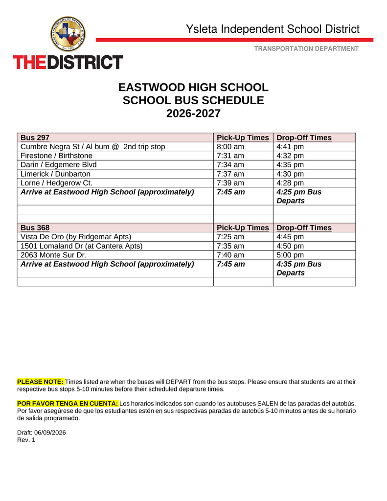 Eastwood High School 2026–2027 School Bus Schedule from YISD Transportation. Bus 297 stops include Cumbre Negra/Album, Firestone/Birthstone, Darin/Edgemere, Limerick/Dunbarton, and Lorne/Hedgerow, arriving at Eastwood at approximately 7:45 a.m. Bus 368 stops include Vista De Oro near Ridgemar Apartments, 1501 Lomaland at Cantera Apartments, and 2063 Monte Sur, arriving at Eastwood at approximately 7:45 a.m. Afternoon departure times vary by stop. Students should arrive at their bus stop 5–10 minutes before the scheduled departure time.