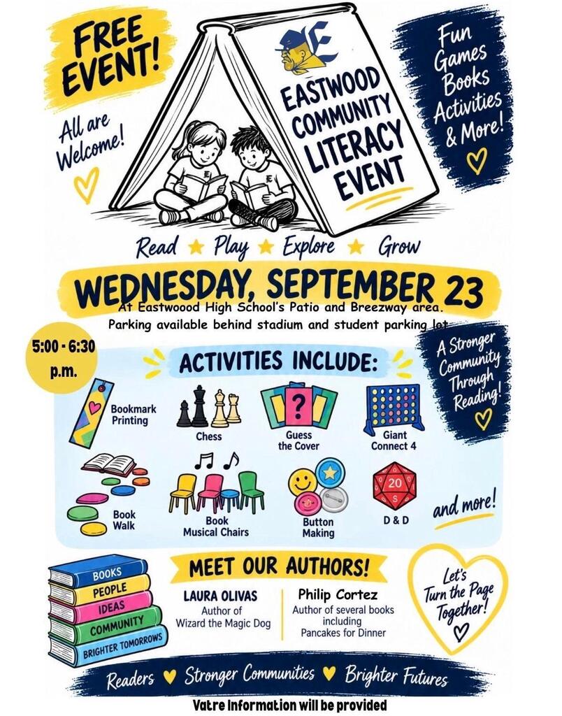 Flyer with literacy night at Eastwood High School on Wednesday, September 23, 2026 from 5:00-6:30 pm. Games and other fun activities will be available