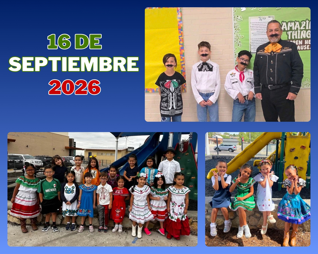 Photo collage of EKIS students and staff celebrating 16 de septiembre wearing traditional Mexican clothes.