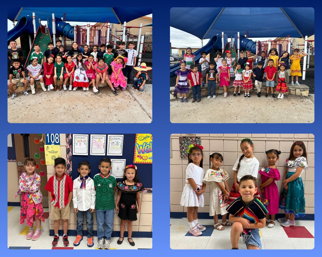 Photo collage of EKIS students and staff celebrating 16 de septiembre wearing traditional Mexican clothes.