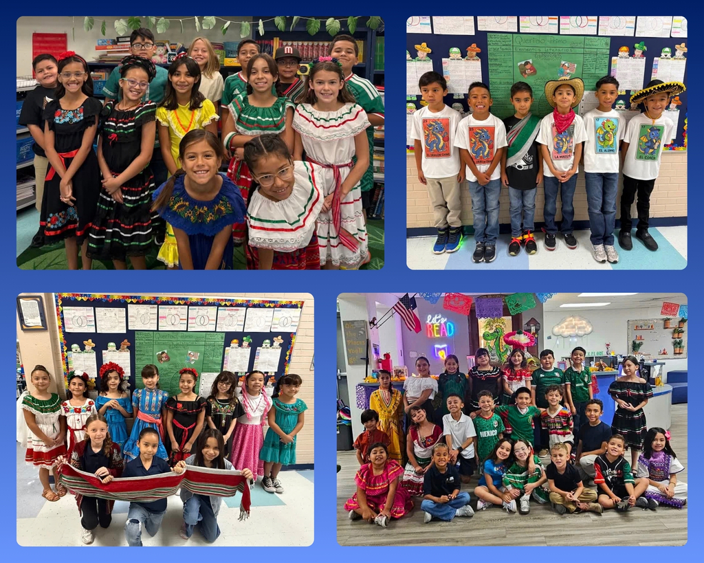 Photo collage of EKIS students and staff celebrating 16 de septiembre wearing traditional Mexican clothes.