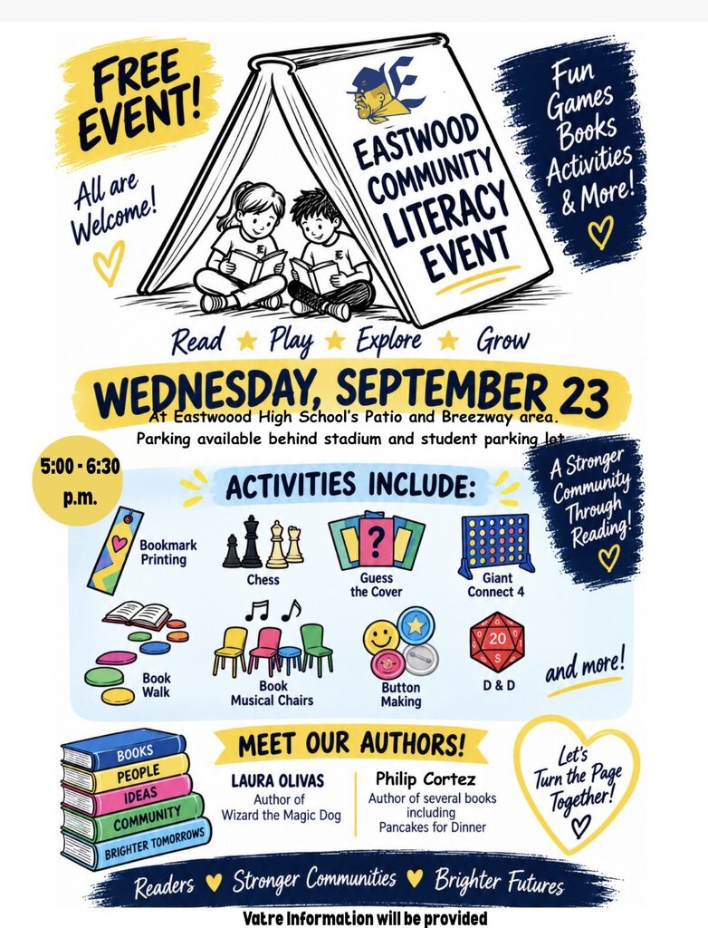 Flyer for a free Eastwood Community Literacy Event on Wednesday, September 23, from 5:00–6:30 p.m. at Eastwood High School’s patio and breezeway area. The event includes fun games, books, activities, and literacy-themed stations such as bookmark printing, chess, Guess the Cover, Giant Connect 4, book walks, musical chairs, button making, Dungeons & Dragons, and more. Authors Laura Olivas, author of Wizard the Magic Dog, and Philip Cortez, author of several books including Pancakes for Dinner, will attend. The flyer encourages attendees to “Read, Play, Explore, Grow” and notes that parking is available behind the student parking area.