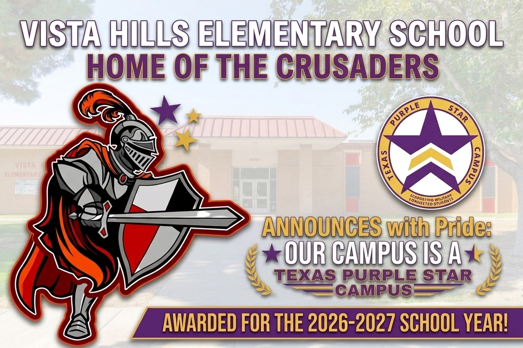 💜 🌟 EXCITING NEWS! 🌟 💜  Vista Hills Elementary is incredibly proud to announce that we are a designated Purple Star Campus by the TEA for the 2026-2027 school year!  This special honor recognizes our school's deep commitment to supporting and welcoming our military-connected students and their families. We are so grateful to our amazing staff and community for helping us make Vista Hills a supportive home for those who serve. 🎖️🇺🇸  Thank you for being part of our incredible school family!  #VistaHillsElementary #PurpleStarCampus #TEA #MilitaryFamilies #ElPasoProud #TexasEducation