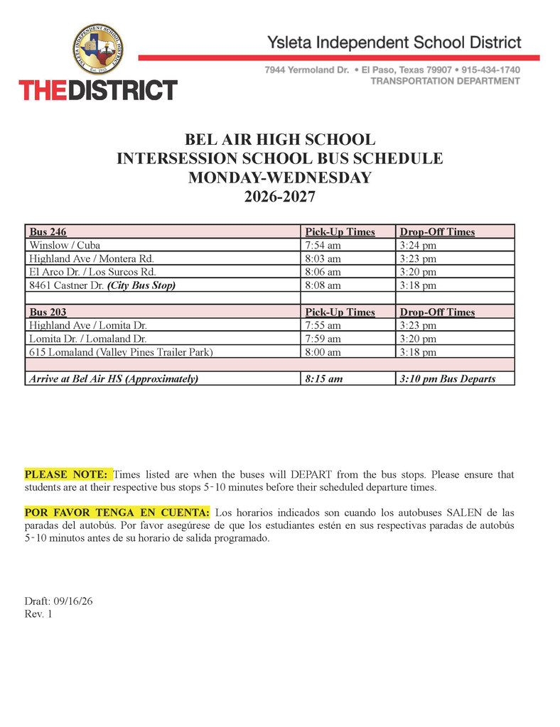 Please be advised of the Bel Air High School intersession school bus schedule.