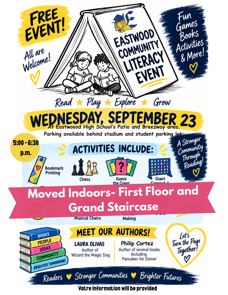 Flyer for the free Eastwood Community Literacy Event on Wednesday, September 23, from 5:00 to 6:30 PM. The event has been moved indoors to Eastwood High School’s first floor and Grand Staircase. All are welcome. Activities include literacy games, books, crafts, chess, Giant Connect 4, and more. Featured authors are Laura Olivas, author of Wizard the Magic Dog, and Philip Cortez, author of several books including Pancakes for Dinner. The flyer uses Eastwood’s navy, gold, and white colors and features children reading beneath a large open book.