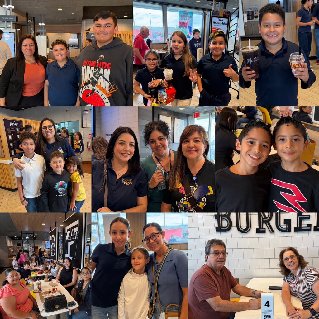 Photo collage of EKIS students, parents, and staff at the McTeacher Night fundraiser.