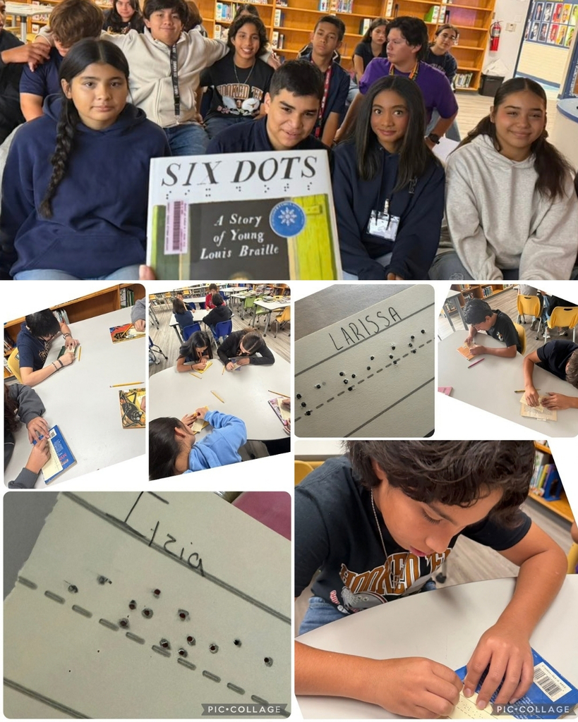 Photo collage of EKIS 8th graders listening to a story, "Six Dots," by Louis Braille; then making their names in braille.