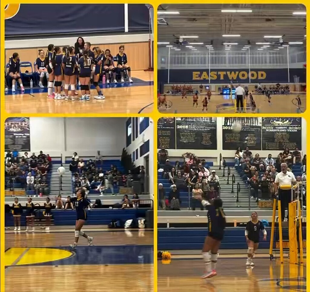 Photo collage of EKIS 7th-grade volleyball players in a game hosted by Eastwood High School.
