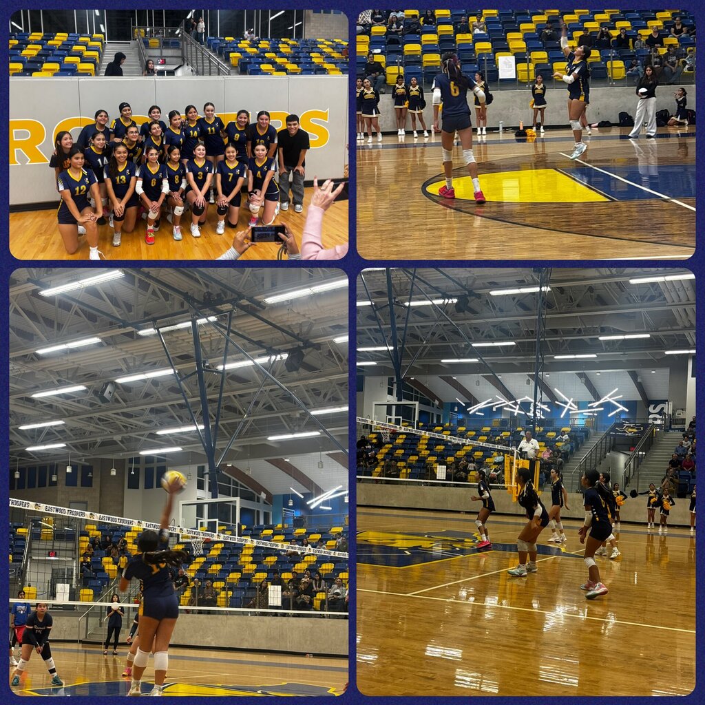 Photo collage of EKIS 8th-grade volleyball players in a game hosted by Eastwood High School.