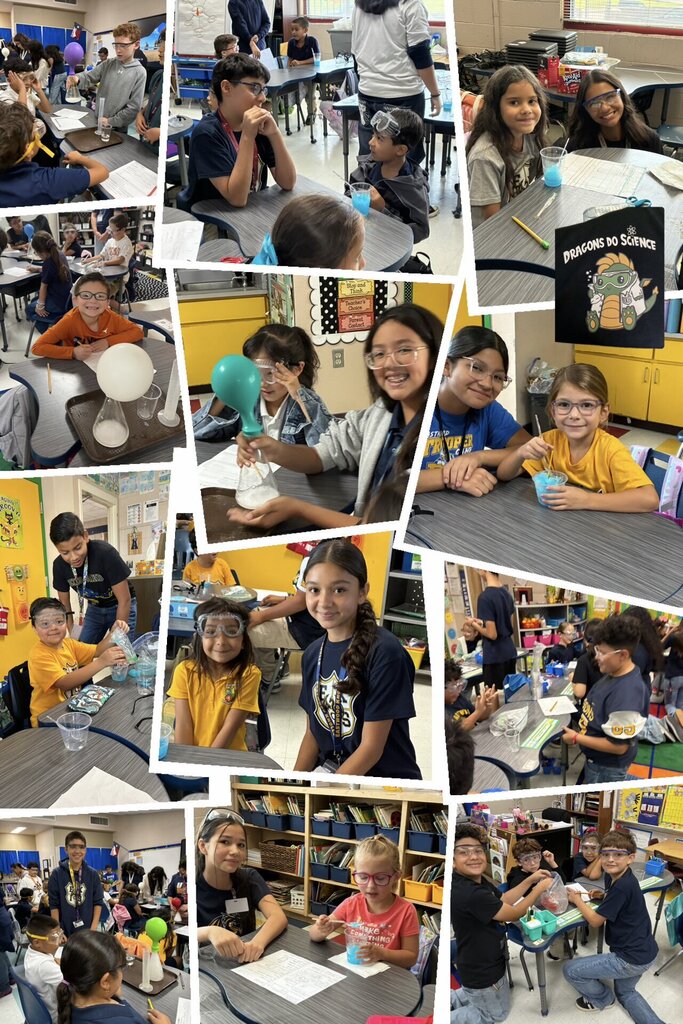 Photo collage of EKIS middle school students helping EKIS elementary students with their science experiments.