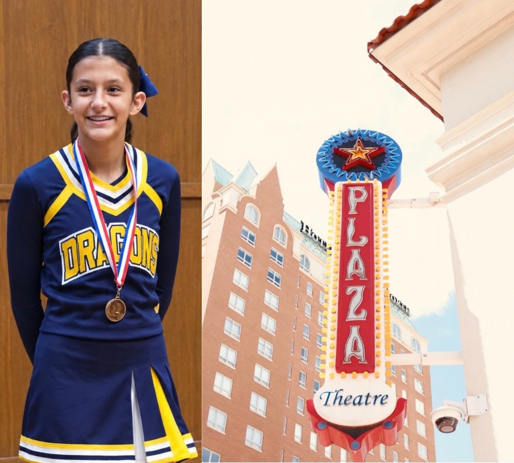 Photo of Larissa next to her photo of the Plaza Theatre sign.