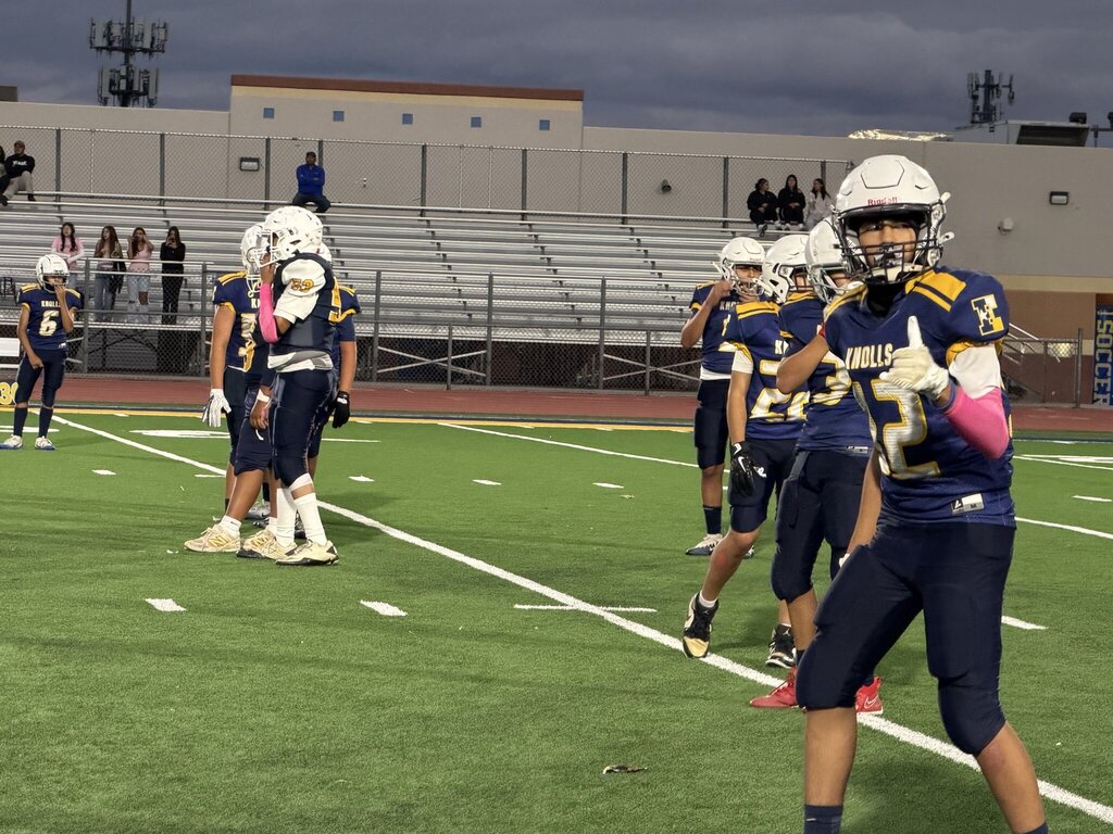 Photo of EKIS football players preparing for a play at a football game.