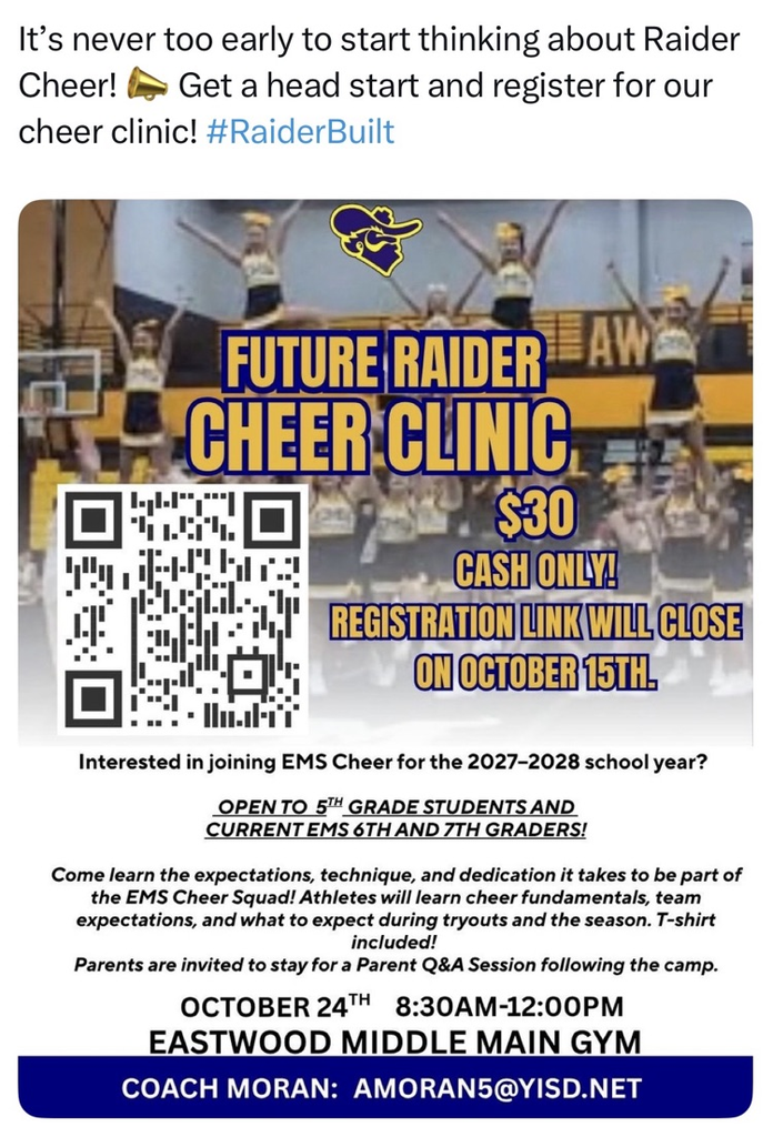 cheer clinic for 5th graders. registration closes October 15. camp October 24 from 8:30 am to 12 pm 