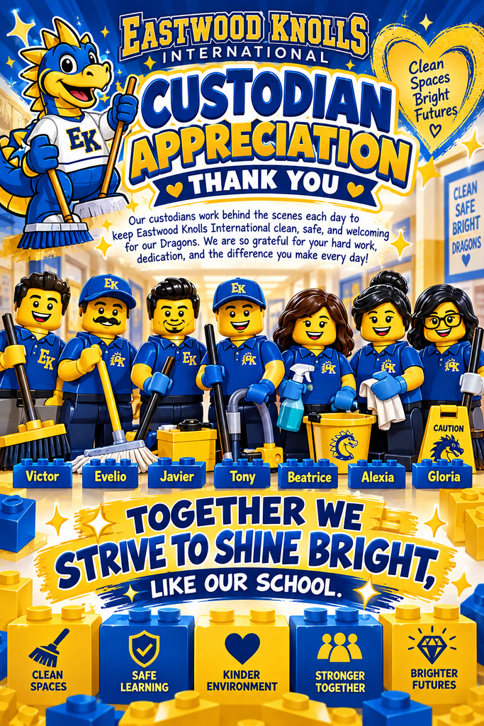 A colorful blue-and-yellow Eastwood Knolls International “Custodian Appreciation Thank You” flyer features a cheerful dragon mascot holding a broom above seven smiling custodians—Victor, Evelio, Javier, Tony, Beatrice, Alexia, and Gloria—pictured with cleaning tools. The message thanks custodians for keeping the school clean, safe, and welcoming, and reads: “Together we strive to shine bright, like our school.” Along the bottom are icons for clean spaces, safe learning, kinder environments, stronger together, and brighter futures.