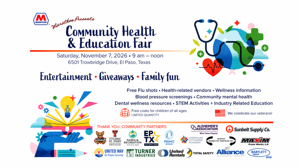 Marathon Community Health & Education Fair flyer announcing a community event on Saturday, November 7, 2026, from 9:00 AM to noon at 6501 Trowbridge Drive, El Paso, Texas. The event features entertainment, giveaways, family activities, free flu shots, blood pressure screenings, health-related vendors, wellness information, community mental health and dental wellness resources, STEM activities, and industry-related education. Free coats will be available for children of all ages while supplies last. The event also celebrates veterans. Colorful illustrations feature a stethoscope, heart, medical symbols, books, and educational graphics. Community partner logos appear along the bottom of the flyer.