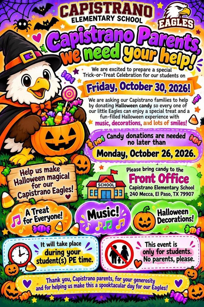 Flyer for candy donations to help with our School Trick or Treat Event. Accepting candy donations until Oct 26