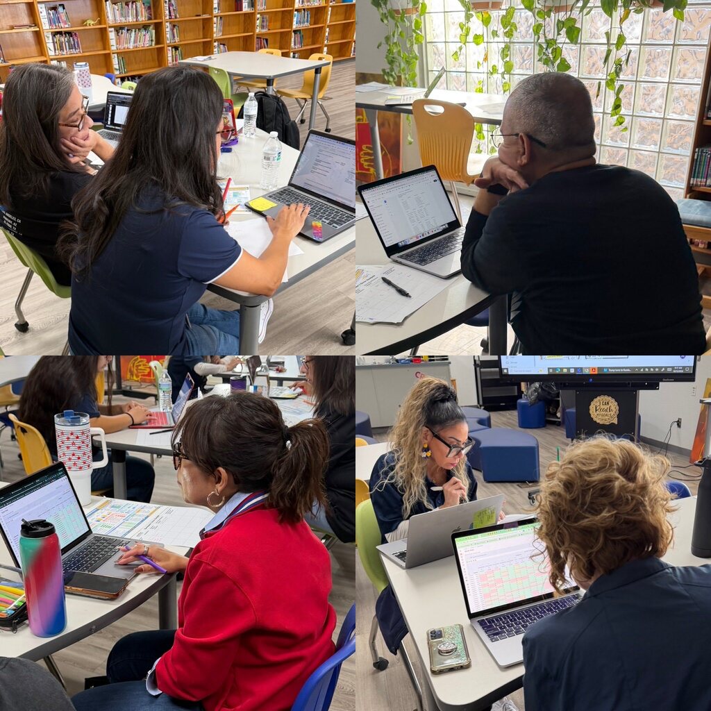 Photo collage of EKIS teachers in grade level groups reviewing data and planning lessons in the library during the professional development day.