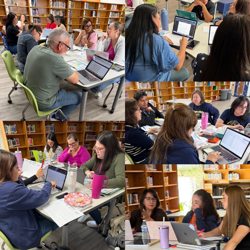 Photo collage of EKIS teachers in grade level groups reviewing data and planning lessons in the library during the professional development day.