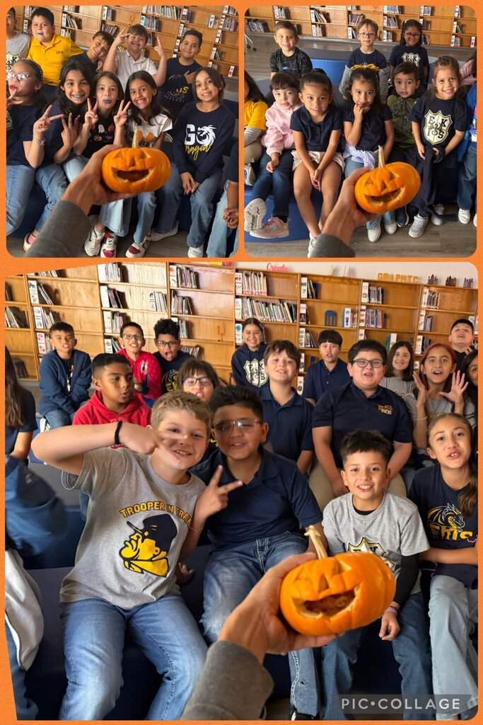 Photo collage of EKIS students sitting and listening to a story in the library with a small pumpkin called Joaquin Jr.