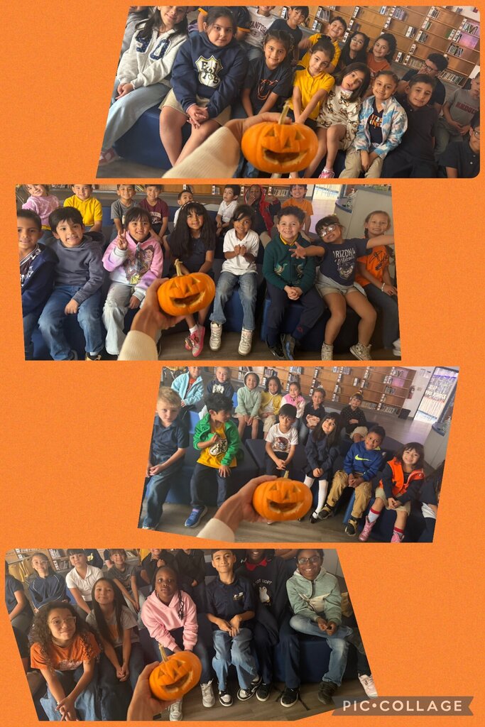 Photo collage of EKIS students sitting and listening to a story in the library with a small pumpkin called Joaquin Jr.