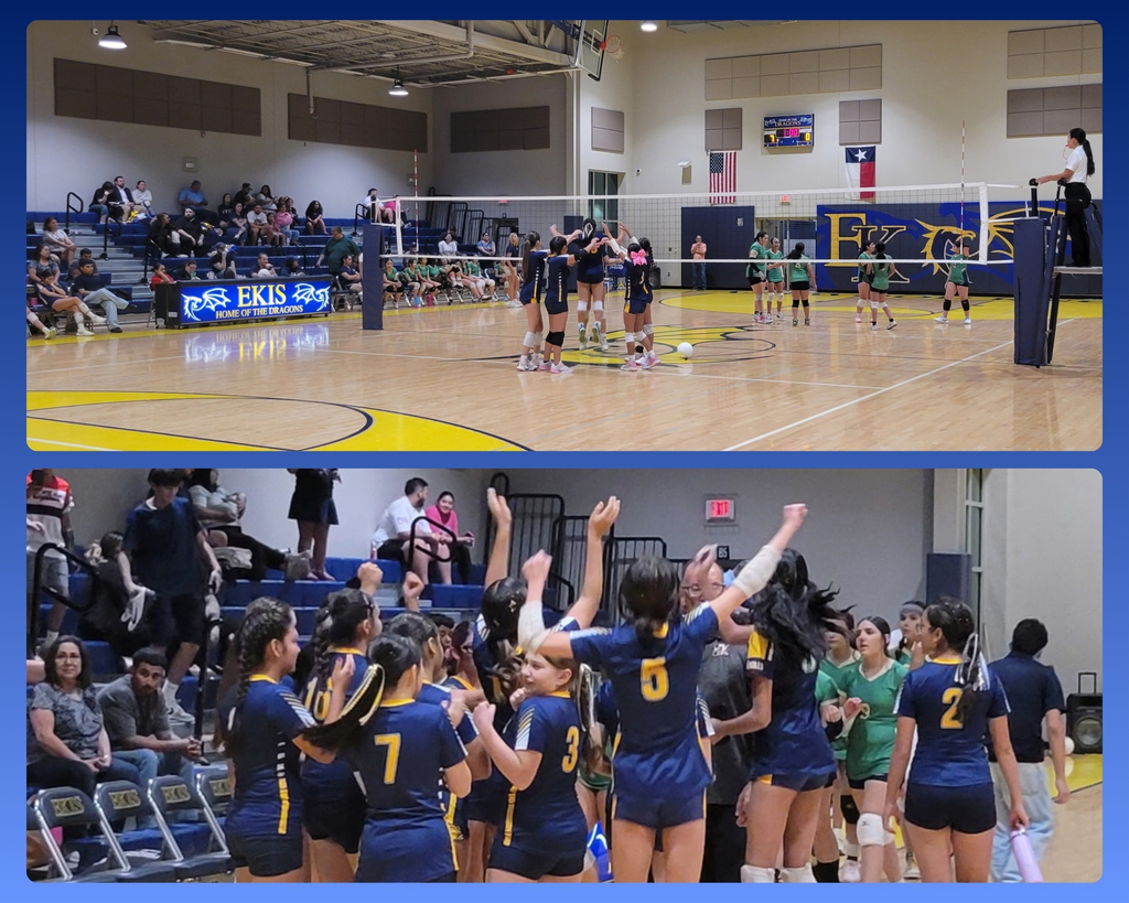 Photo collage of EKIS 7th and 8th grade volleyball team members at a game.