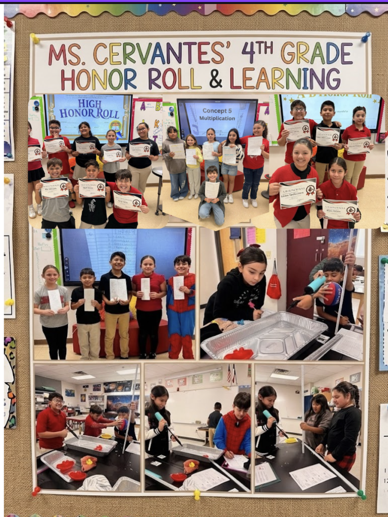 Bright elementary classroom bulletin board displaying colorful photos of smiling fourth-grade students proudly holding honor roll certificates and conducting hands-on science experiments with trays and tools.