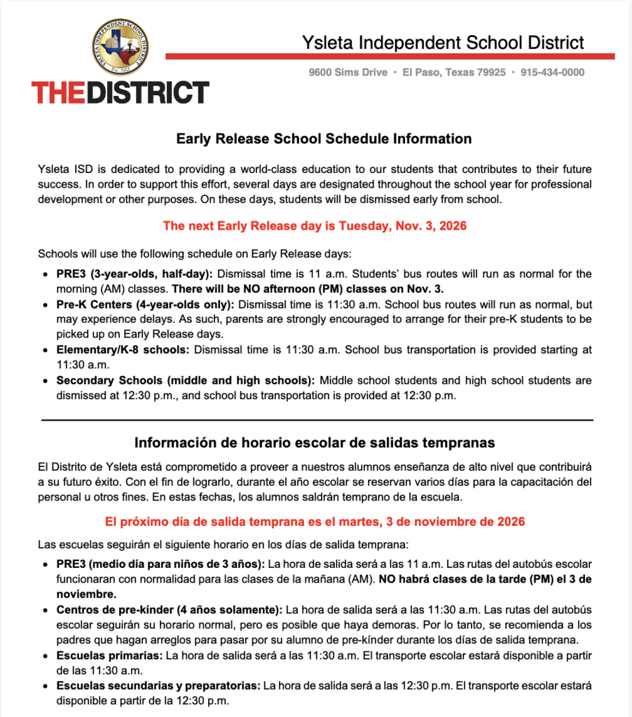 Ysleta ISD early release schedule letter for Tuesday, Nov. 3, 2026, detailing dismissal times: PRE3 at 11:00 AM (no PM classes), Pre-K and Elementary at 11:30 AM.