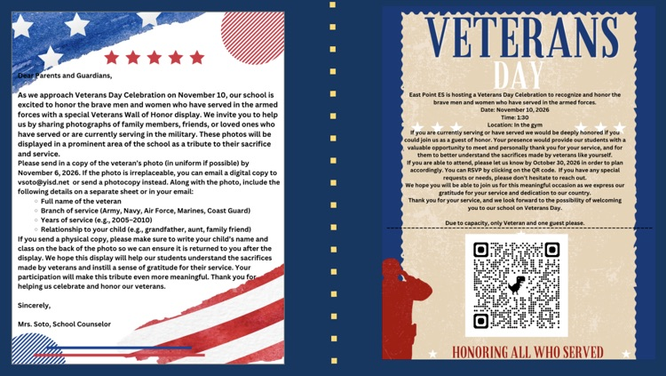 Veterans’ Day pictures and information need by Oct 30 
