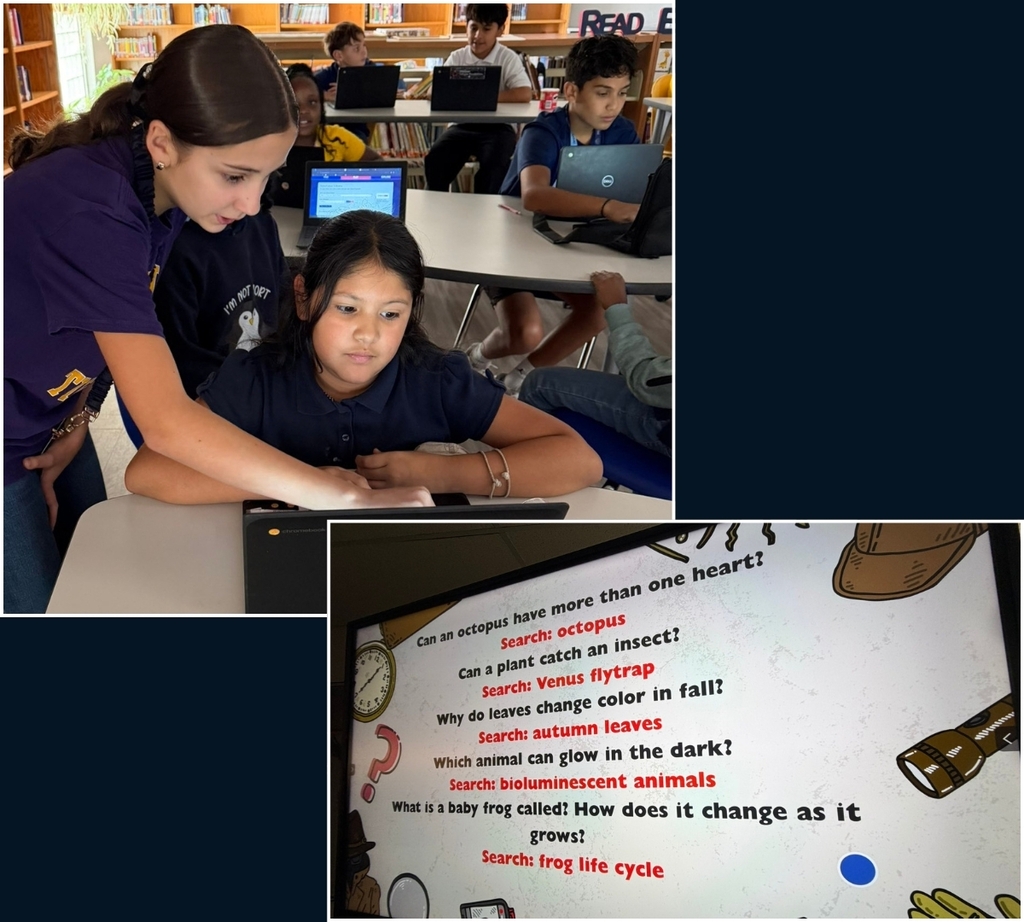 Photo collage of EKIS Middle School Students helping Elementary Students research various topics.