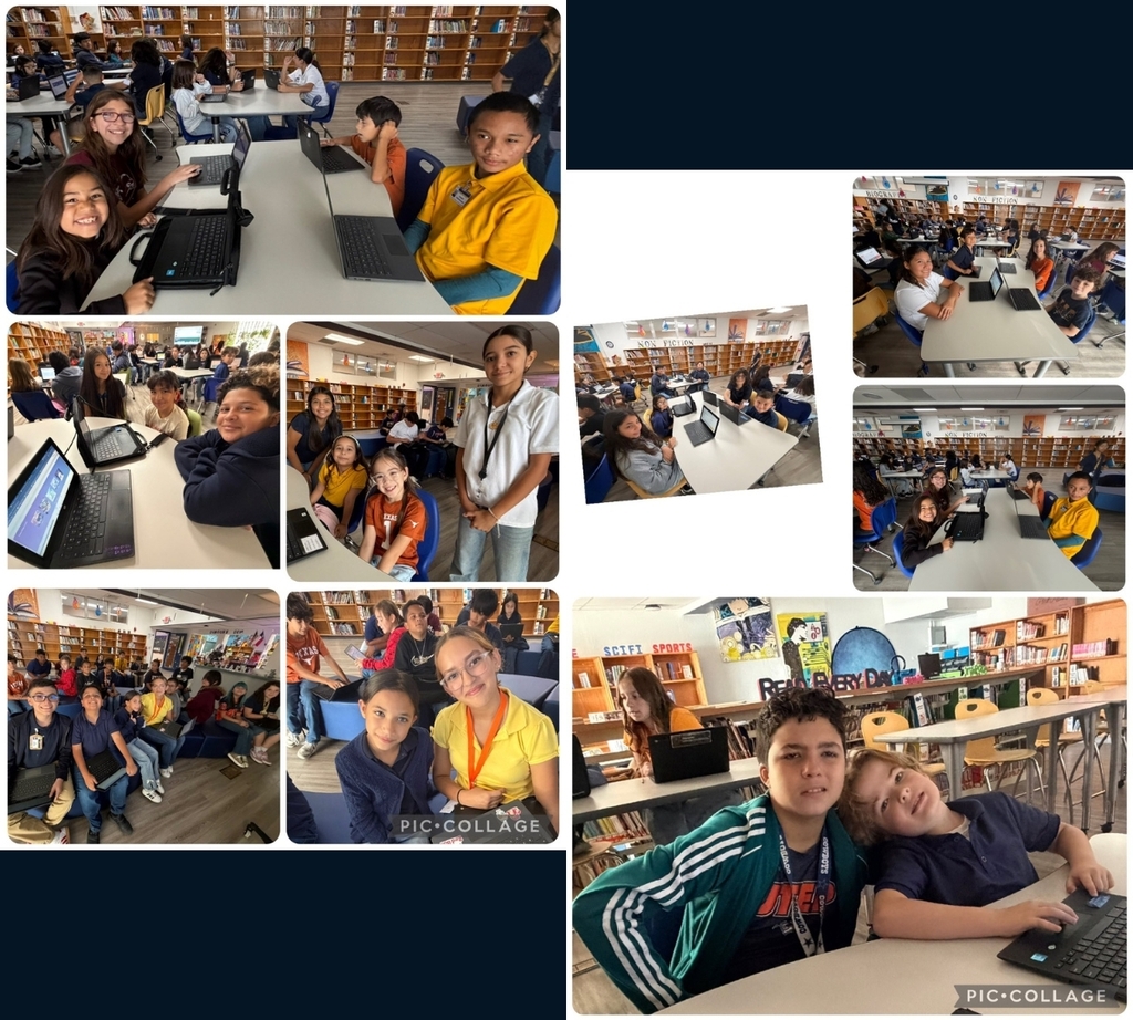 Photo collage of EKIS Middle School Students helping Elementary Students research various topics.