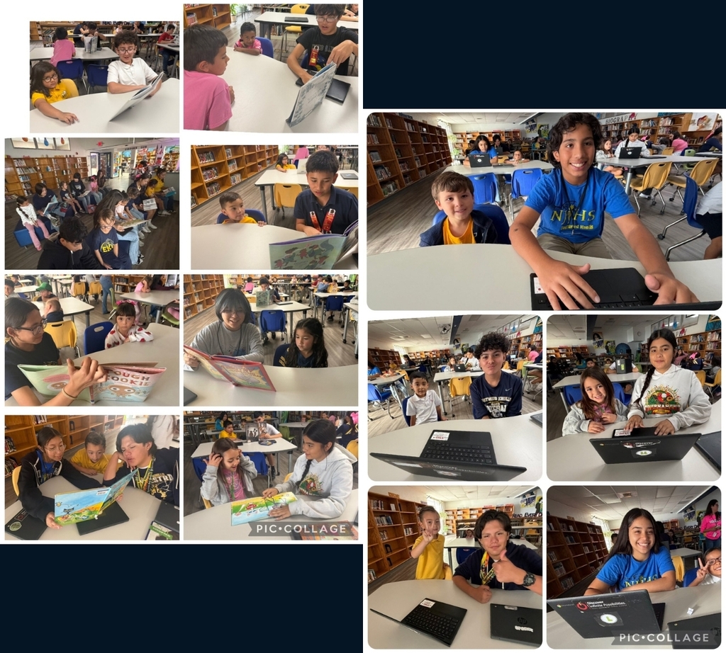 Photo collage of EKIS Middle School Students reading to Elementary students.