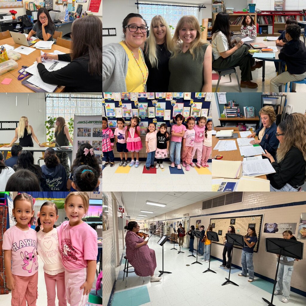 Photo collage of various activities happening at Eastwood Knolls International, from students dressing up to support breast cancer awareness, staff meeting during professional learning sessions, and students participating in classroom learning activities.