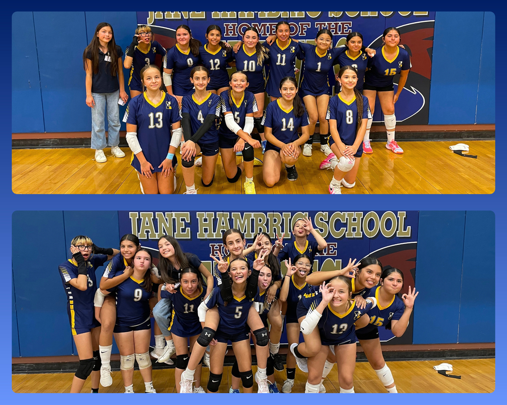 Photo collage of the EKIS 7th-grade volleyball team posing for group pictures, a regular serious one (top) and a funny picture (bottom).