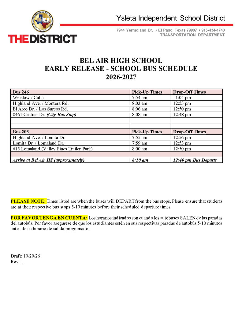 We will be having early release on Tuesday, November 3rd at 12:30pm. Please be aware of the modified bus schedule.