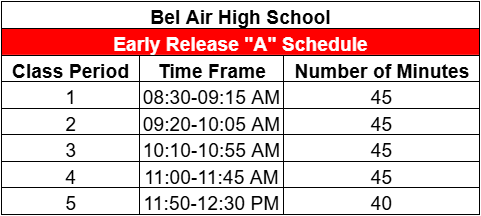 Please be advised that we will be on the "A" early release bell schedule for November 3rd.