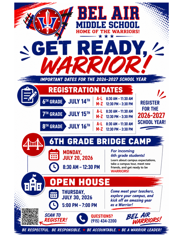 Registration Flyer - July 14th through July 16th at Bel Air Middle School (8:30 am to 3:30 pm)