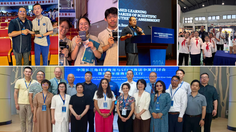 A collage of people at conferences and workshops, holding awards, giving presentations, and posing for group photos, with banners and projection screens in the background.