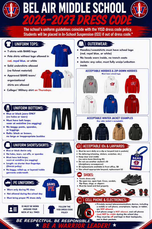 English Dress Code details for students attending Bel Air Middle School