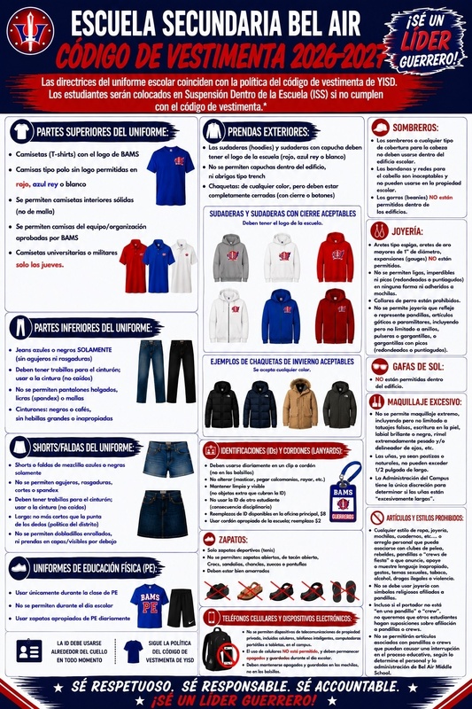 Spanish Dress Code details for students attending Bel Air Middle School