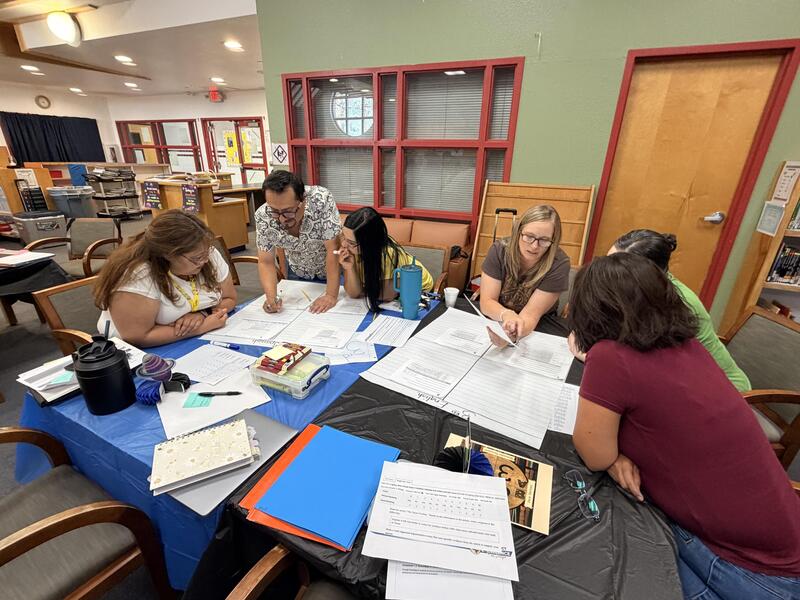 Six adult educators seated around a large table covered in blue and black tablecloths, collaborating and reviewing papers during a work meeting in the library.