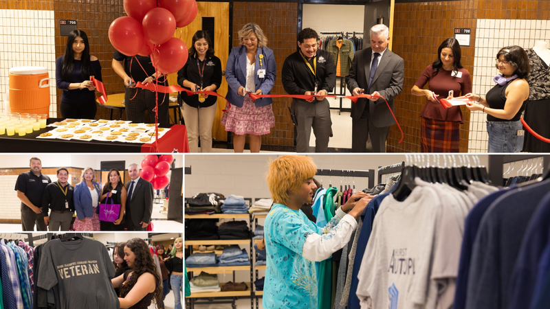 A ribbon-cutting ceremony with people celebrating, orange drinks, and balloons; insets show attendees smiling, a person browsing clothes, and racks of shirts labeled VETERAN.