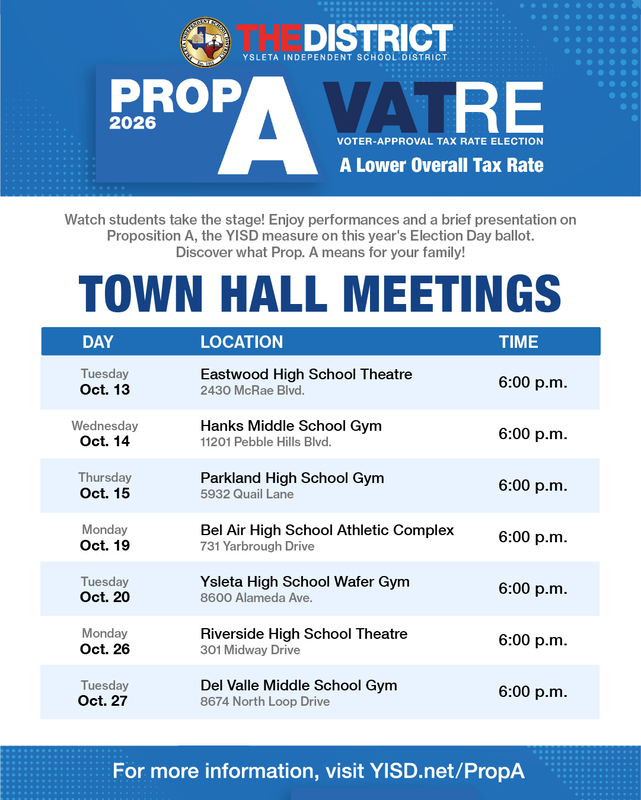 Flyer for Ysleta Independent School District's Prop A 2026 VATRE Town Hall Meetings featuring a schedule of 7 sessions across district schools from October 13 to October 27 at 6:00 p.m.