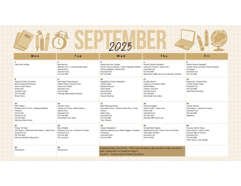 monthly lunch calendar