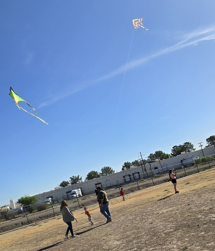 families flying kites with their child 2 kites in the sky one green and the other white with red