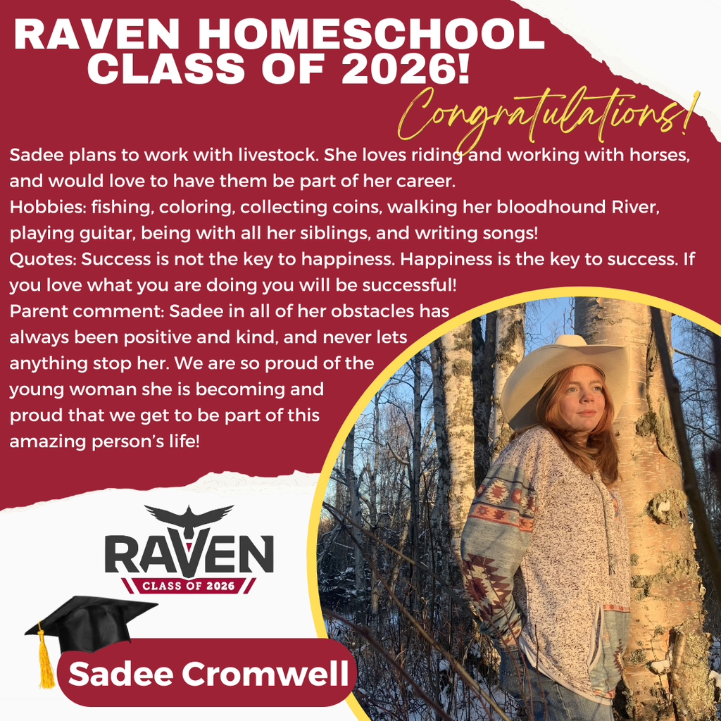 Image of young woman in hat and poncho, birch trees in background. Text: Sadee plans to work with livestock. She loves riding and working with horses, and would love to have them be part of her career. Hobbies: fishing, coloring, collecting coins, walking her bloodhound River, playing guitar, being with all her siblings, and writing songs! Quotes: Success is not the key to happiness. Happiness is the key to success. If you love what you are doing you will be successful! Parent comment: Sadee in all of her obstacles has always been positive and kind, and never lets anything stop her. We are so proud of the young woman she is becoming and proud that we get to be part of this amazing person’s life!