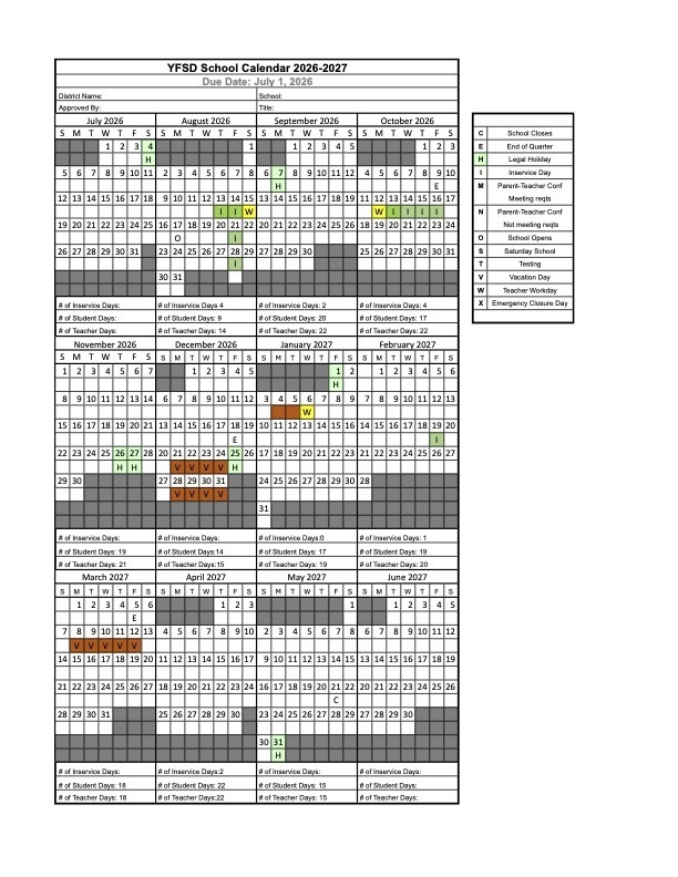 2026 - 2027 YFSD Calendar