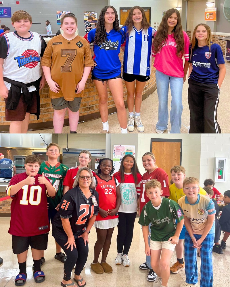Middle School students and staff dressed in sport jerseys